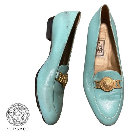 gianni versace medusa medallion teal aquamarine penny loafers preppy flats 37 - Picture 2 of 4